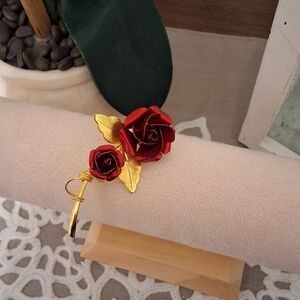 VTG Gold & Red Rose Brooch